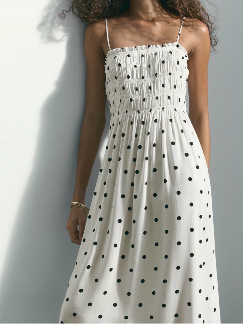H&M Divided White and Black Polka Dots Smocked Midi Dress size XS